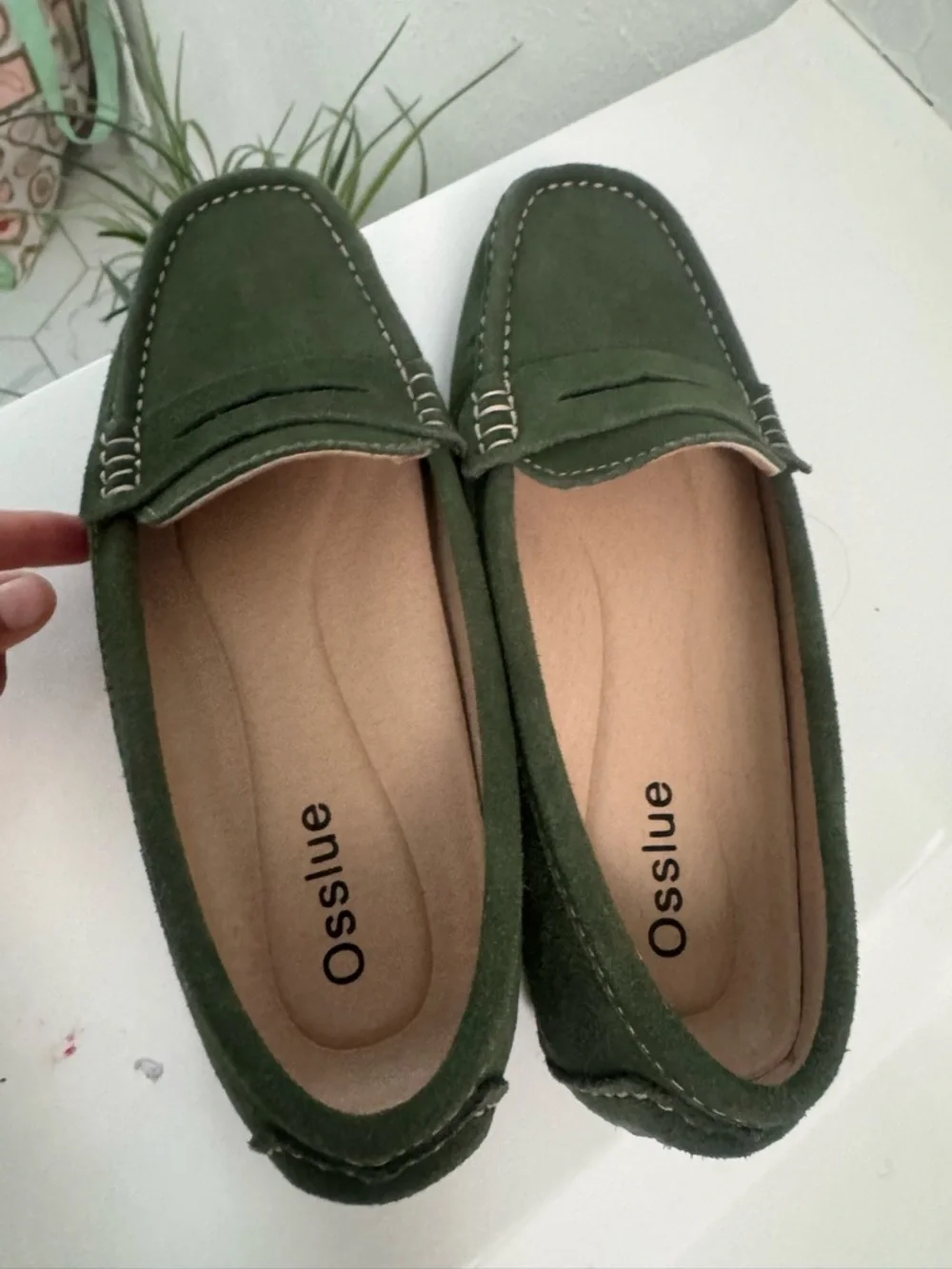 Womens Olive Suede Penny Loafers - Slip-On Comfort